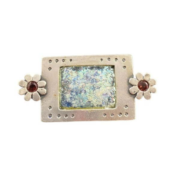 VTG Pin Aqua Roman Glass Bruria Tamir Israel ancient Floral Sterling Brooch - Picture 1 of 5